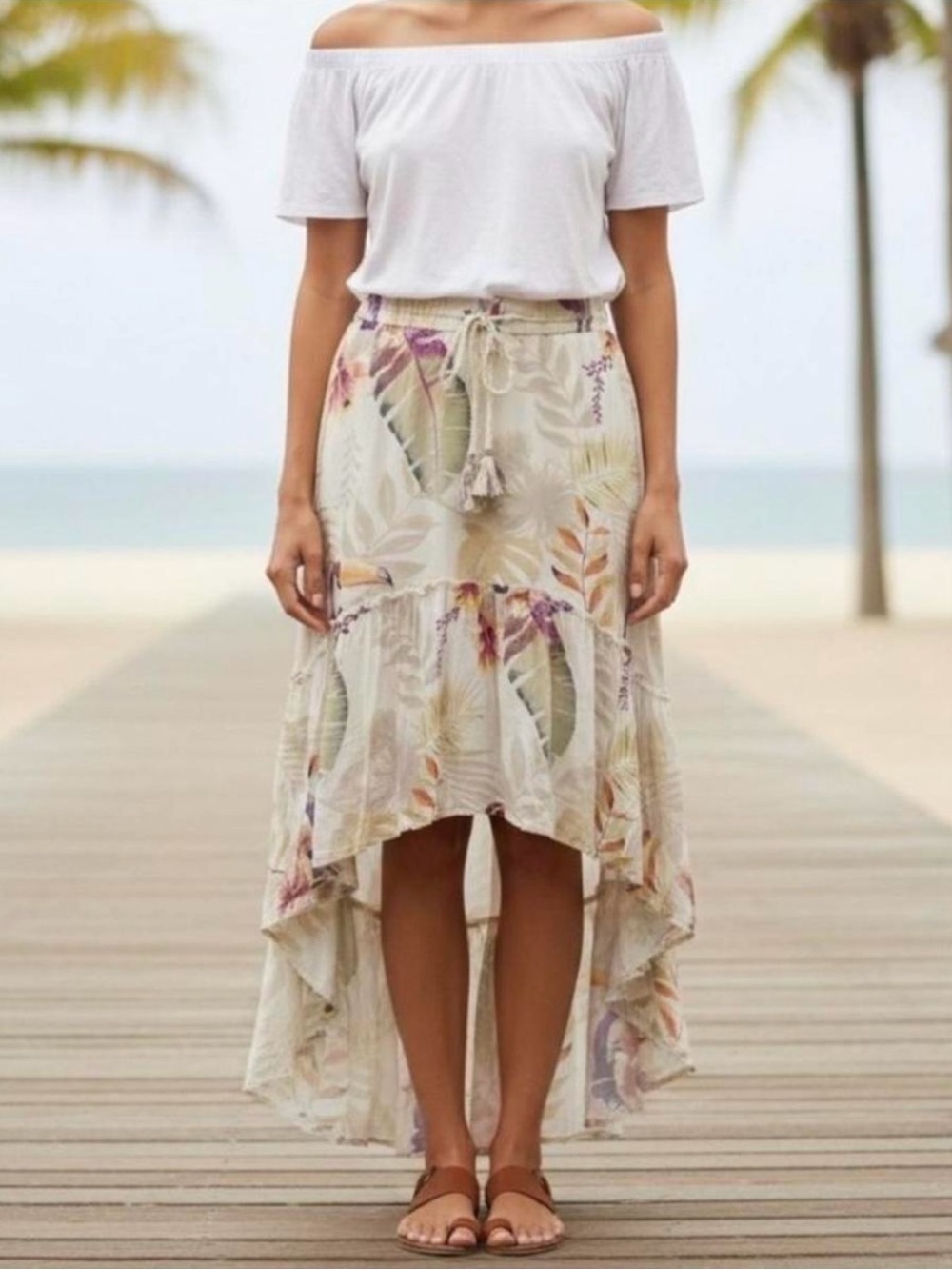 Z&L Tropical Island Cream Floral High-Low Skirt with Drawstring Waist